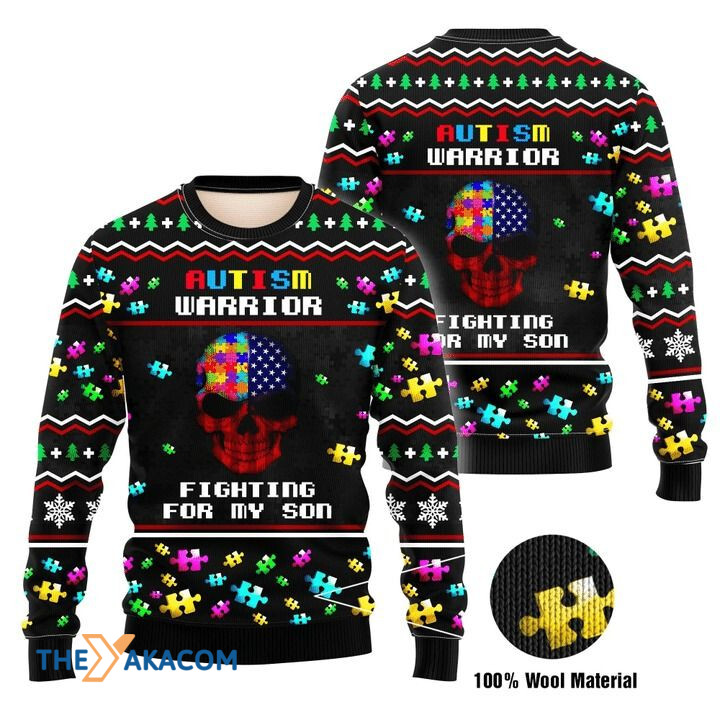 Skull Autism Warrior Fighting For My Son Gift For Christmas Ugly Christmas Sweater