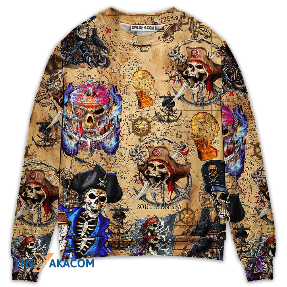 Skull Pirate Hunting Treasure Map Gift For Lover Ugly Christmas Sweater