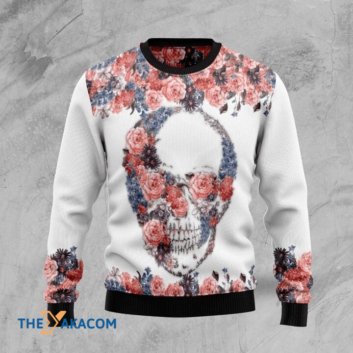 Skull With Pink Roses Gift For Christmas Ugly Christmas Sweater