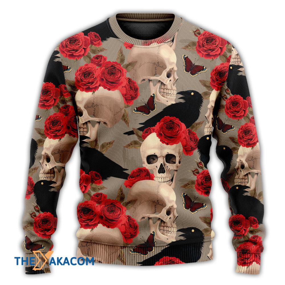 Skull With Rose Flower And Raven Gothic Style Gift For Lover Ugly Christmas Sweater