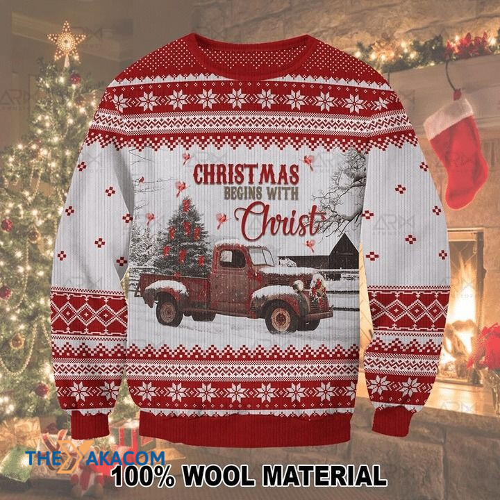 Snow Car Hold A Christmas Tree Christmas Begins With Christ Gift For Christmas Ugly Christmas Sweater