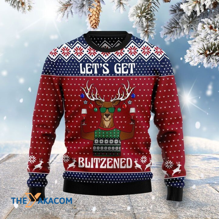 Strong Deer Drink Red Wine Let's Get Blitzened Gift For Christmas Ugly Christmas Sweater