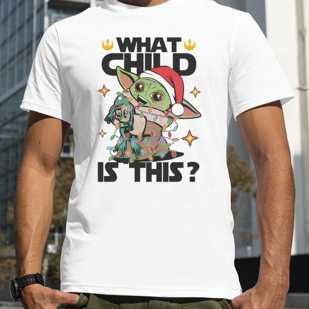 What child is this Yoda Santa hat Christmas lights shirt