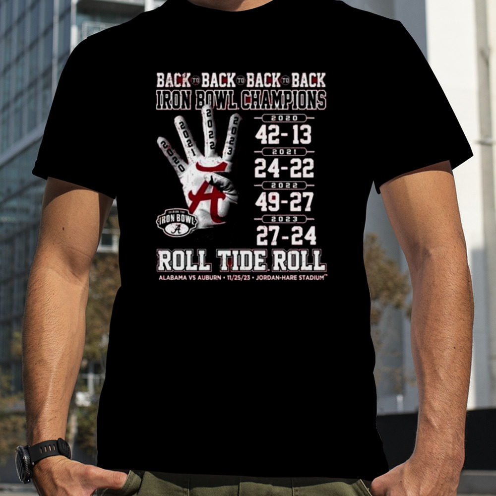 Alabama Crimson Tide Vs Auburn Tigers Back To Back To Back To Back Iron Bowl Champions Roll Tide Roll 2023 Shirt