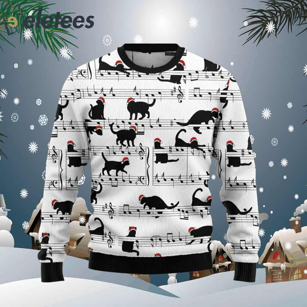 Black Cat Christmas Music Notes Ugly Christmas Sweater