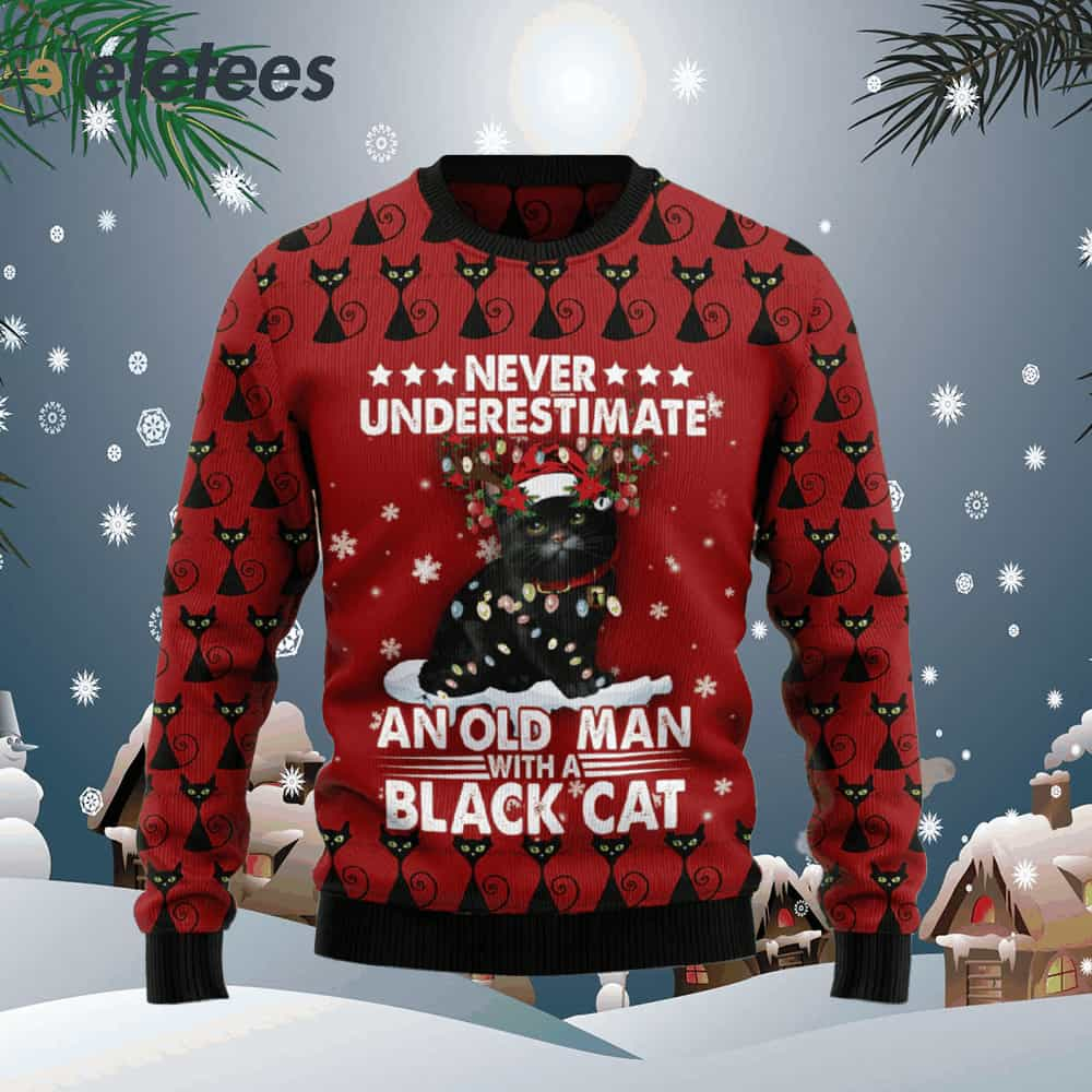 Black Cat Old Man Ugly Christmas Sweater