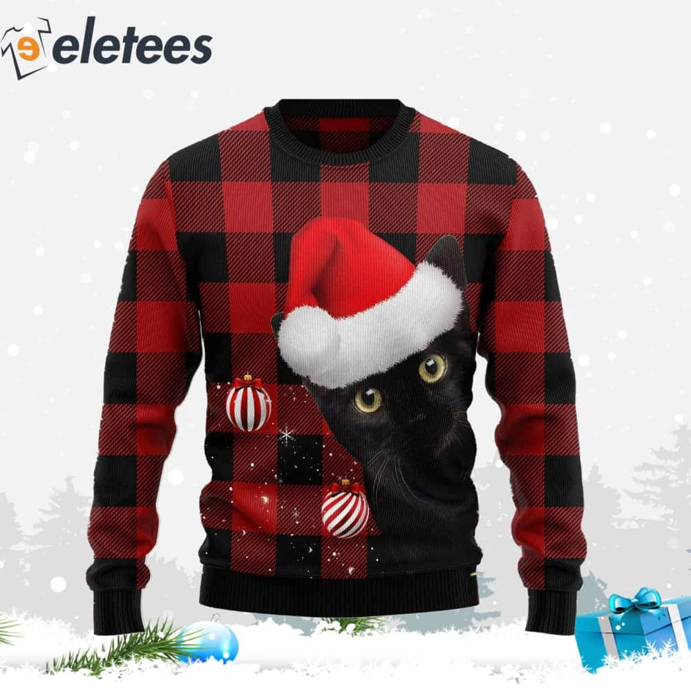 Black Cat Plaid Pattern Ugly Christmas Sweater