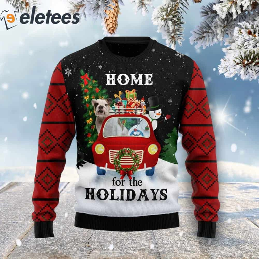 Bulldog And Snowman Home For The Holidays Ugly Christmas Sweater