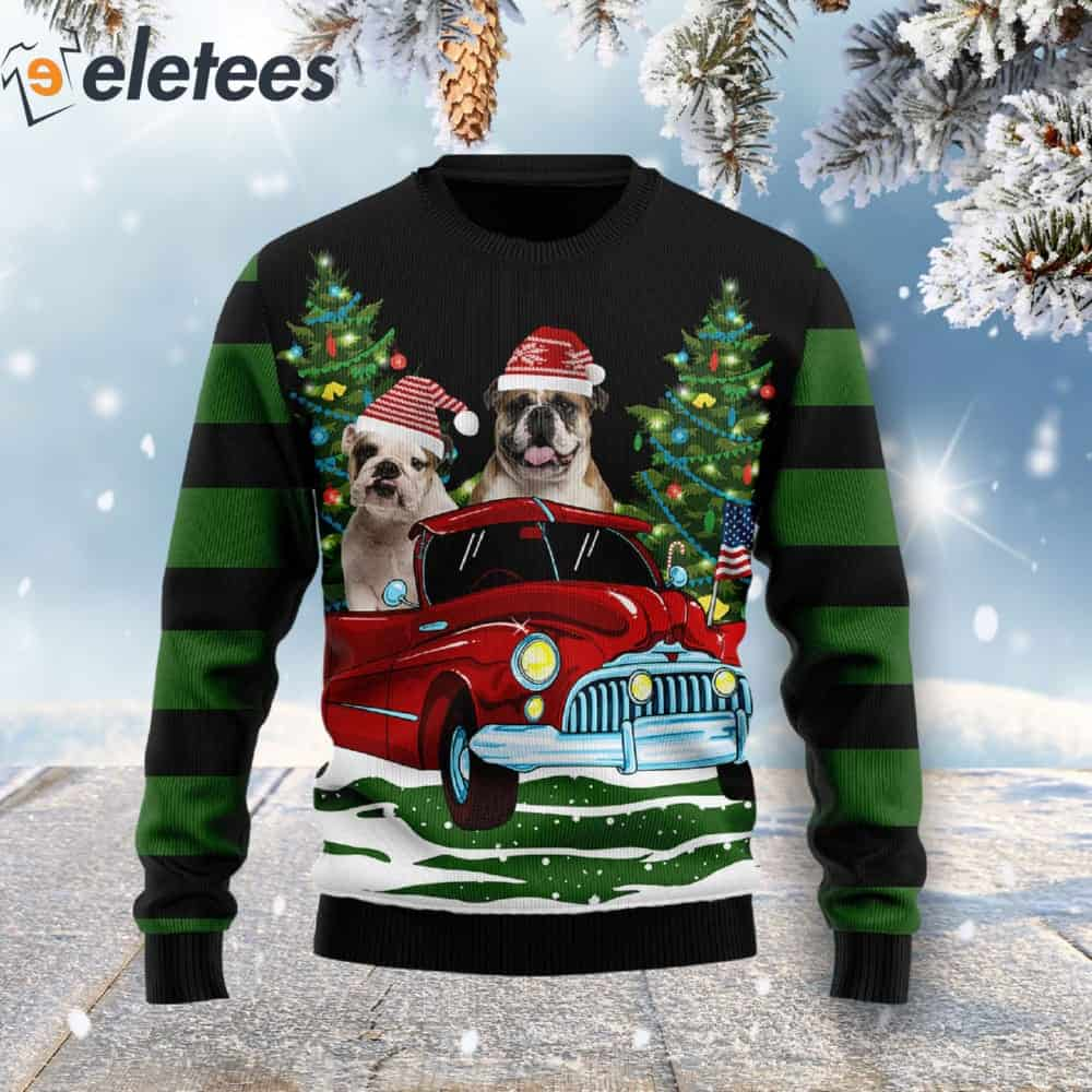 Bulldog In The Red Car Ugly Christmas Sweater