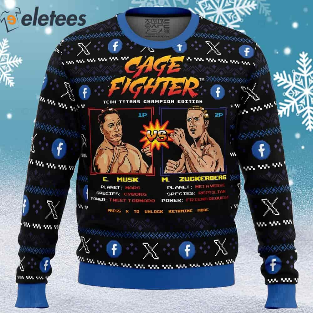 Cage Fighter Elun Mask vs Mark Zuckerberg Funny Pop Culture Ugly Christmas Sweater