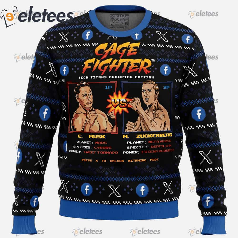 Cage Fighter Elun Mask vs.Mark Zuckerberg Funny Pop Culture Christmas Sweater