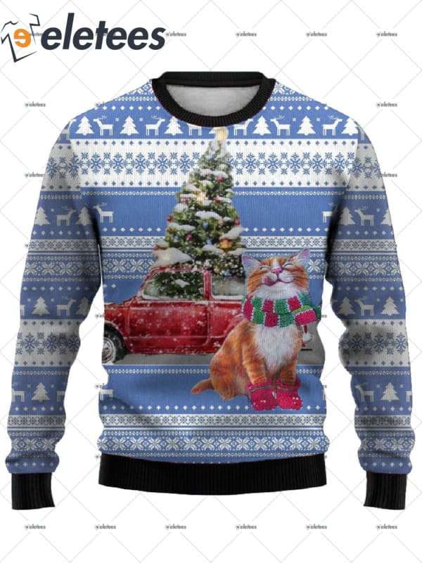 Cat Red Truck Christmas Tree Ugly Christmas Sweater