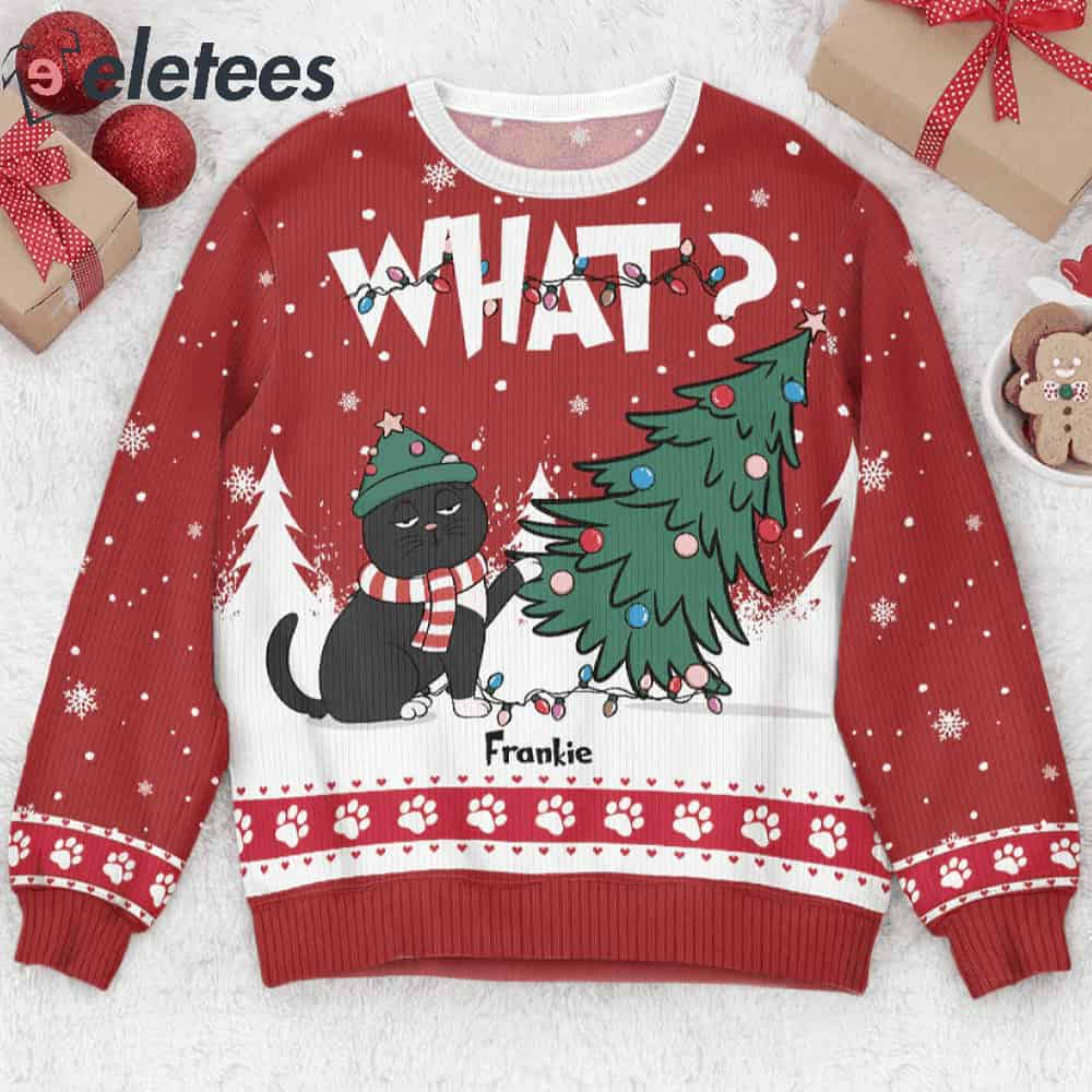 Cat What - Christmas Tree Custom Name Ugly Christmas Sweater