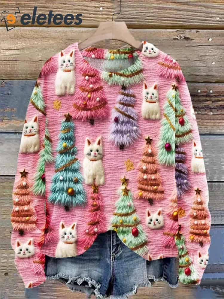 Christmas Tree Cute Cat 3D Print Knit Pullover Sweater