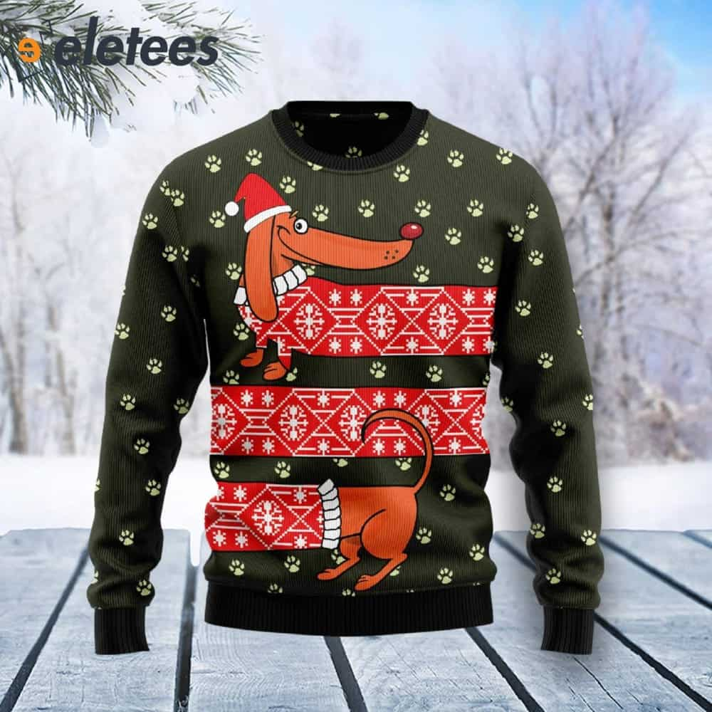 Dachshund Wears Red Shirt Ugly Christmas Sweater