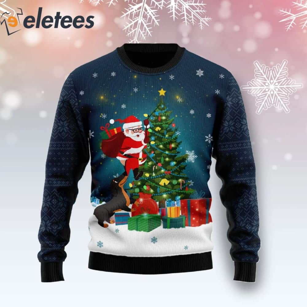 Dog Biting A Santa Claus In The Night Christmas Ugly Sweater