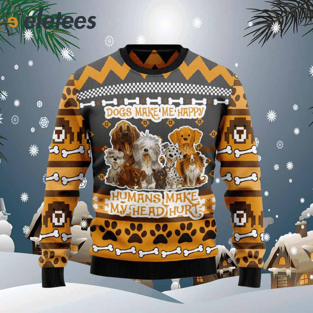 Dogs Make Me Happy Yellow Ugly Christmas Sweater