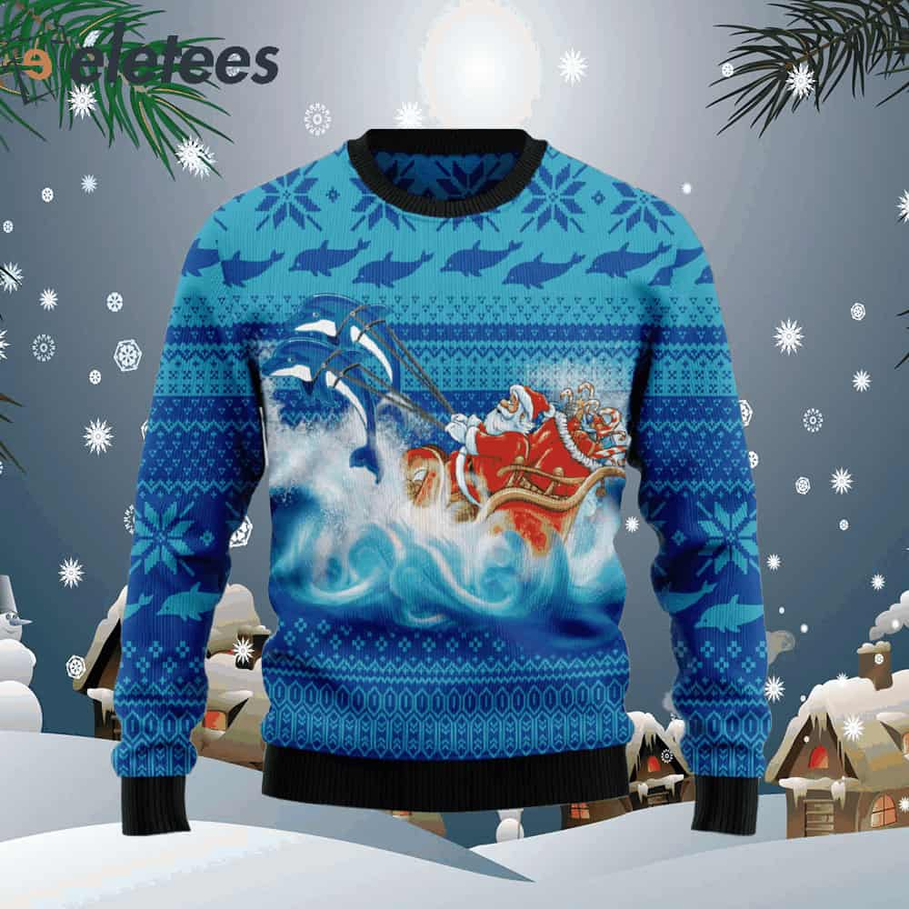 Dolphin Riding The Waves With Santa Ugly Christmas Sweater