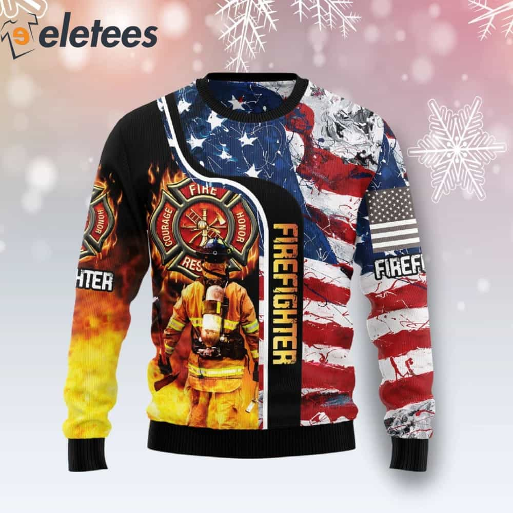 Firefighter USA Flag Ugly Christmas Sweater