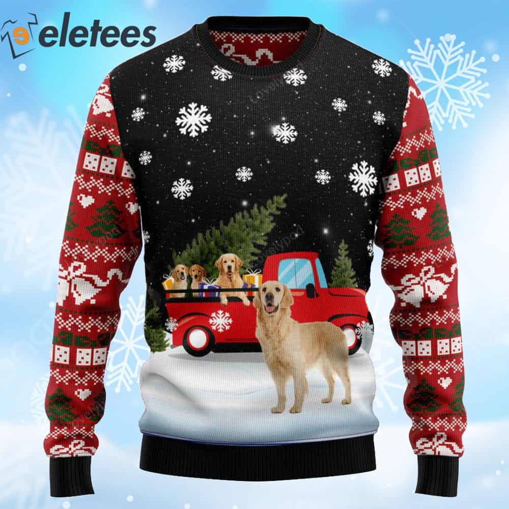 Golden Retriever Red Truck Ugly Christmas Sweater