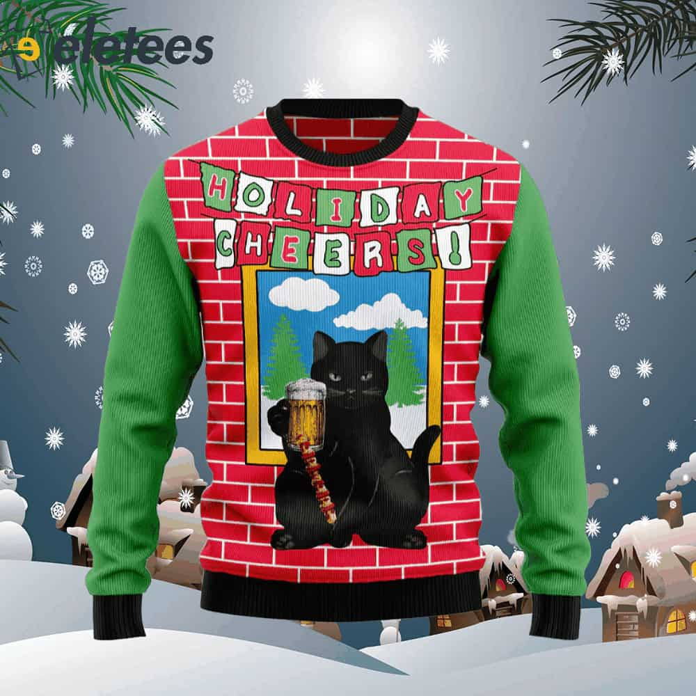 Holiday Cheer Black Cat Beer Ugly Christmas Sweater