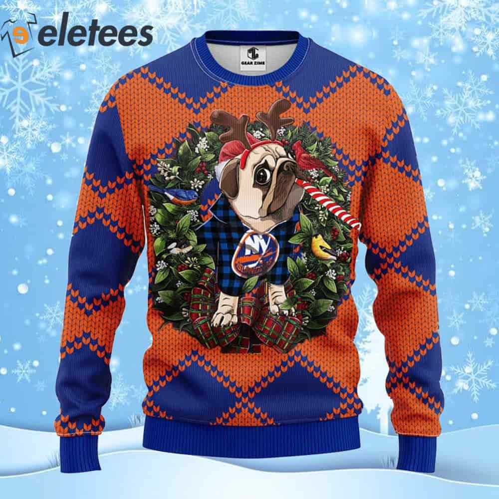 Islanders Hockey Pug Dog Ugly Christmas Sweater