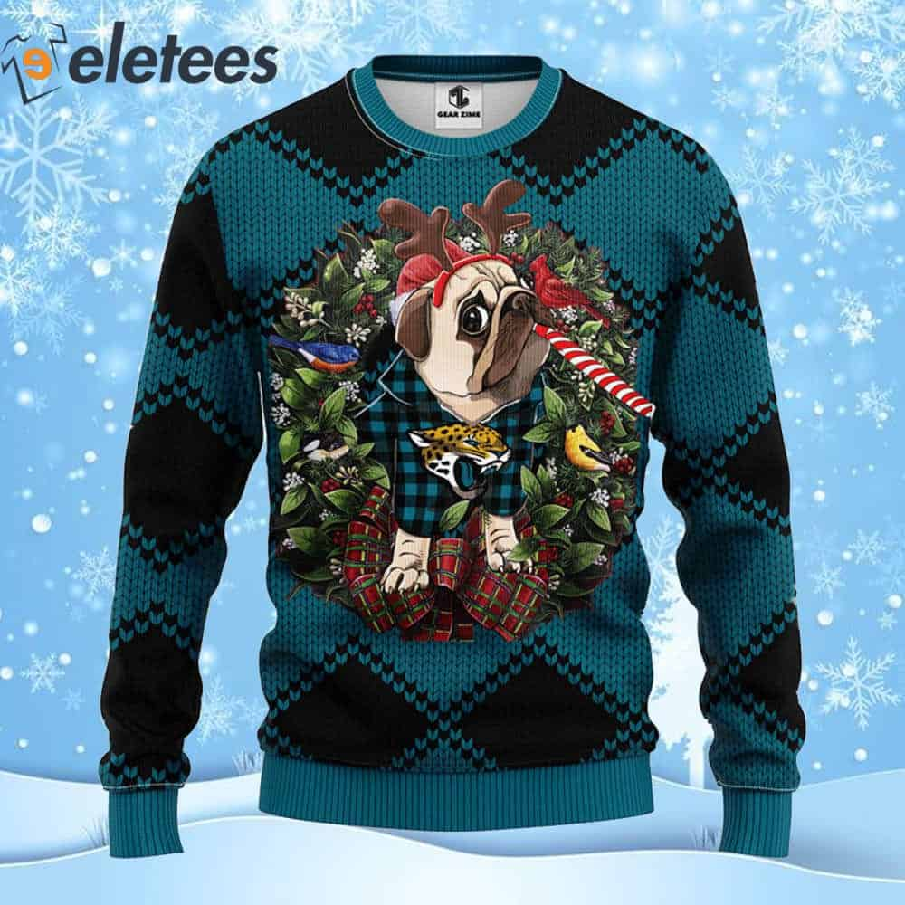 Jaguars Football Pug Dog Ugly Christmas Sweater