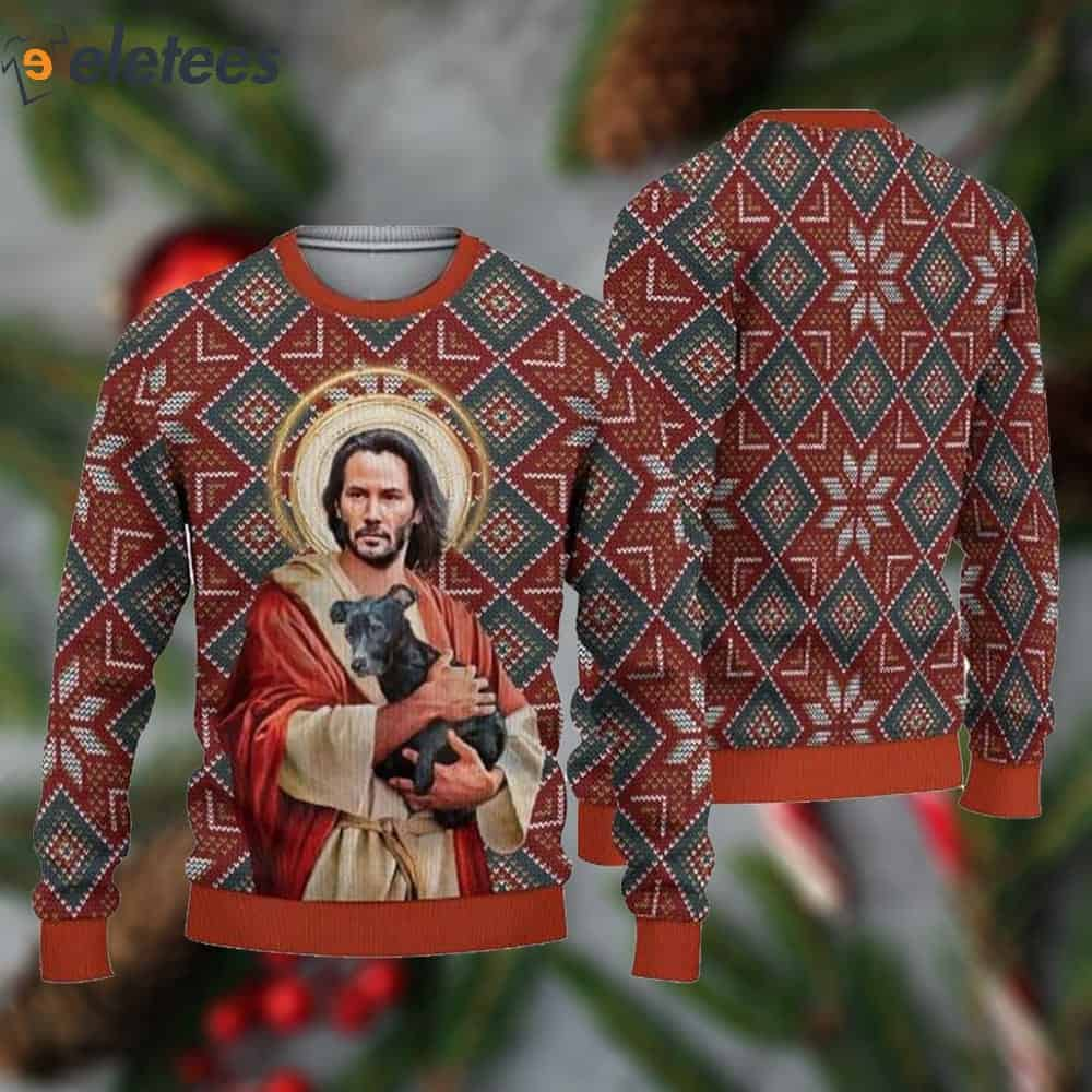 Jesus Keanu Reeves With Dog Ugly Christmas Sweater