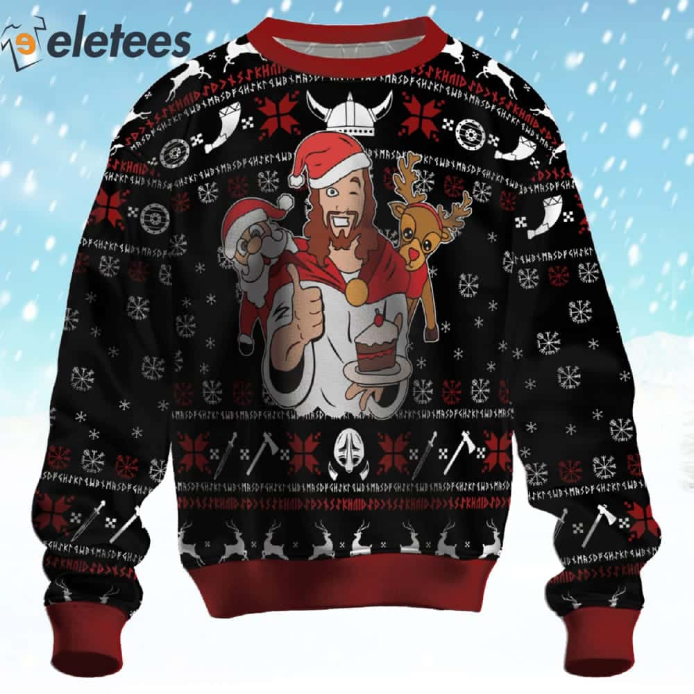 Jesus With Santa Claus And Reindeer Ugly Christmas Sweater