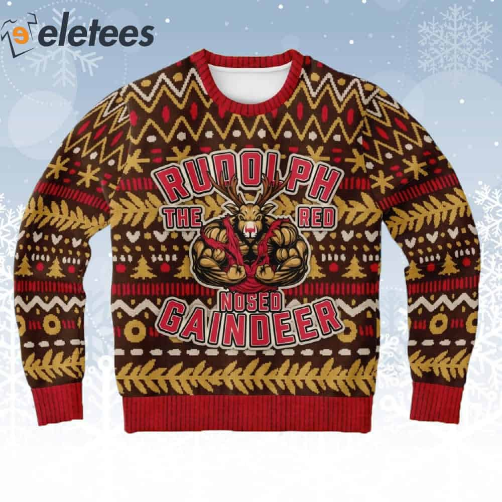 Muscle Rudolph The Red Nosed Gaindeer Ugly Christmas Sweater