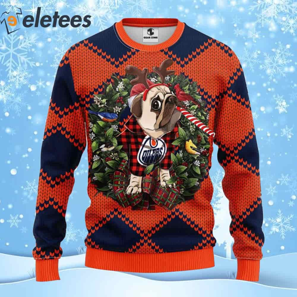 Oilers Hockey Pug Dog Ugly Christmas Sweater