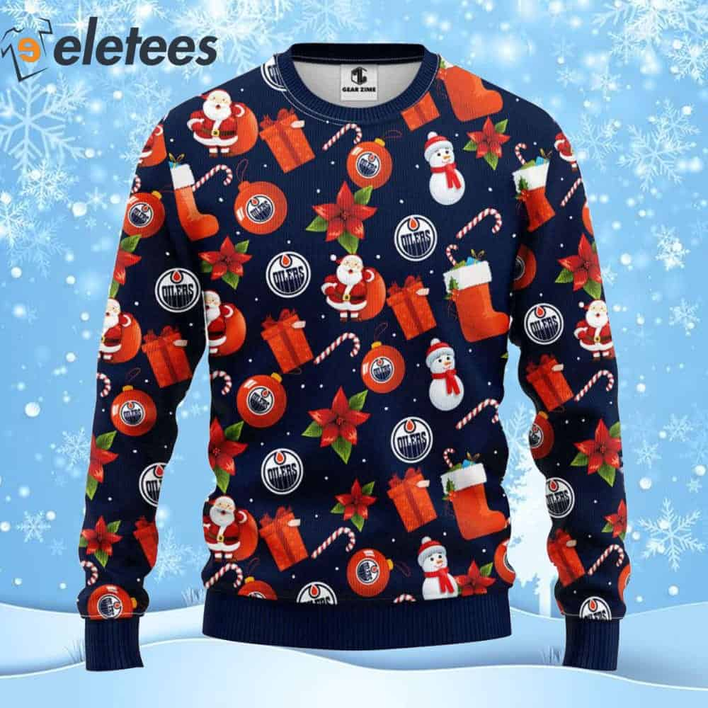 Oilers Hockey Santa Claus Snowman Ugly Christmas Sweater