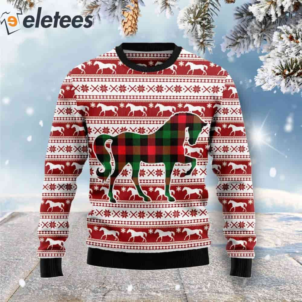 Plaid Pattern Horse Ugly Christmas Sweater