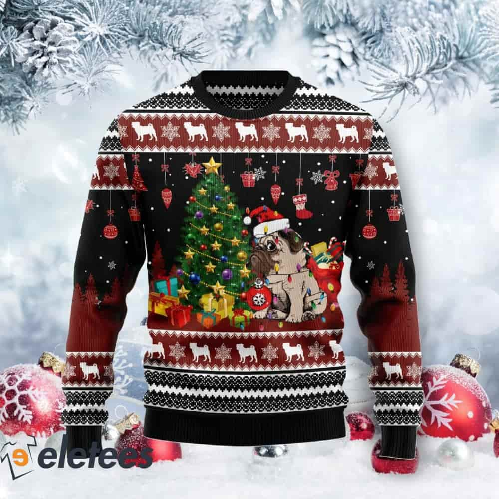 Pug Besides A Christmas Tree Ugly Christmas Sweater