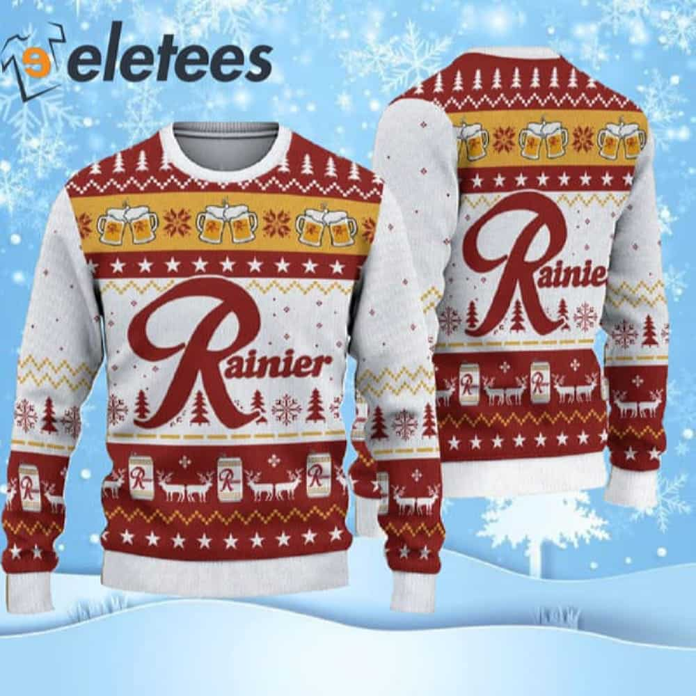 Rainier Beer Red And White Ugly Christmas Sweater