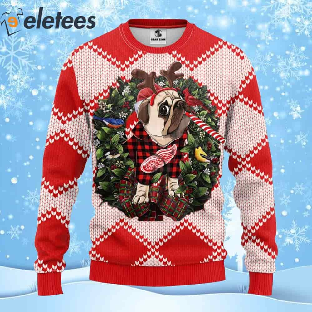 Red Wings Hockey Pug Dog Ugly Christmas Sweater