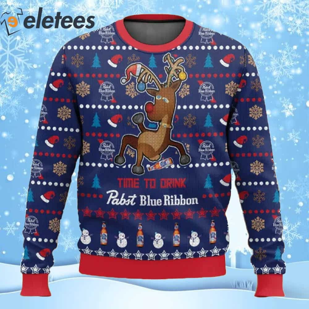 Reindeer Time To Drink Pabst Blue Ribbon Ugly Christmas Sweater