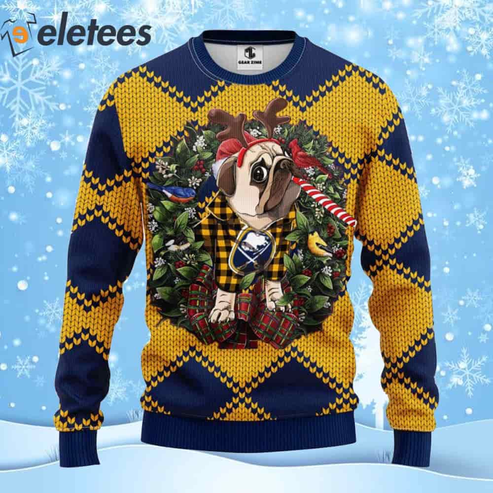 Sabres Hockey Pug Dog Ugly Christmas Sweater