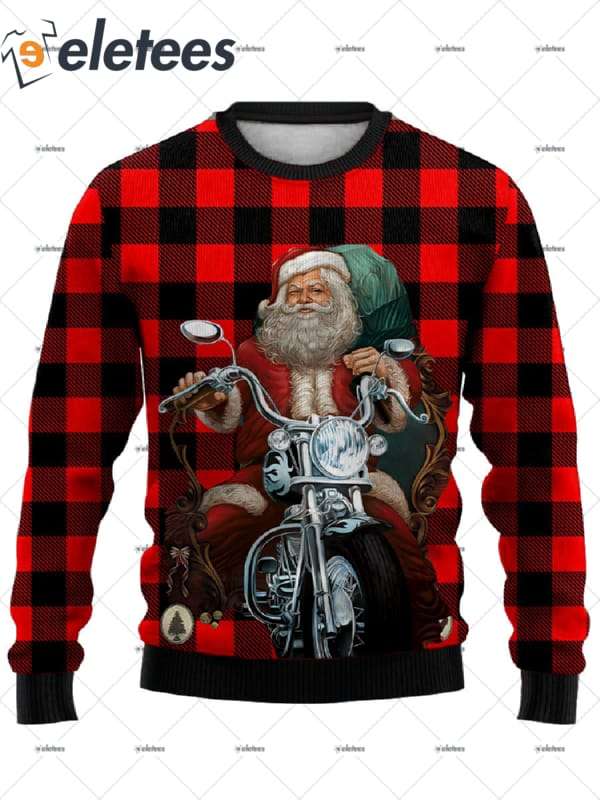 Santa Driving Chopper Motorcycle Ugly Christmas Sweater