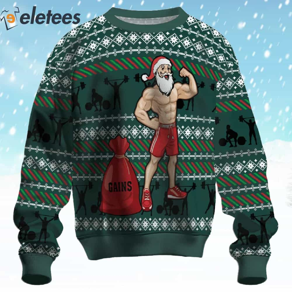 Santa Lifts Weights Ugly Christmas Sweater