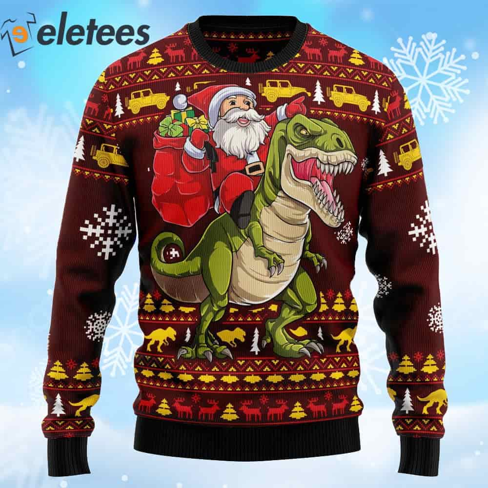 Santa Riding Dinosaur Ugly Christmas Sweater