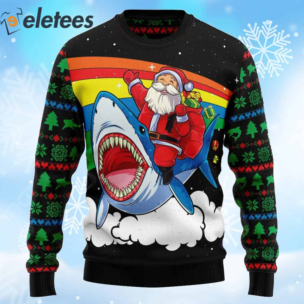 Santa Riding Shark Ugly Christmas Sweater