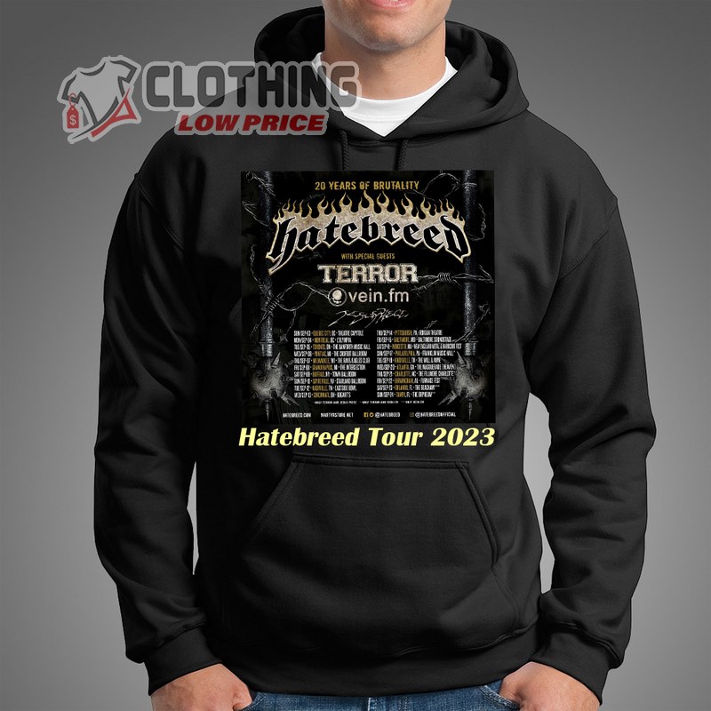 20 Years Of Brutality Tour Hatebreed Hoodie, Hatebreed Band World Tour 2023 Setlist T- Shirt, Hatebreed Band Concert 2023 With Special Guests Terror Shirt