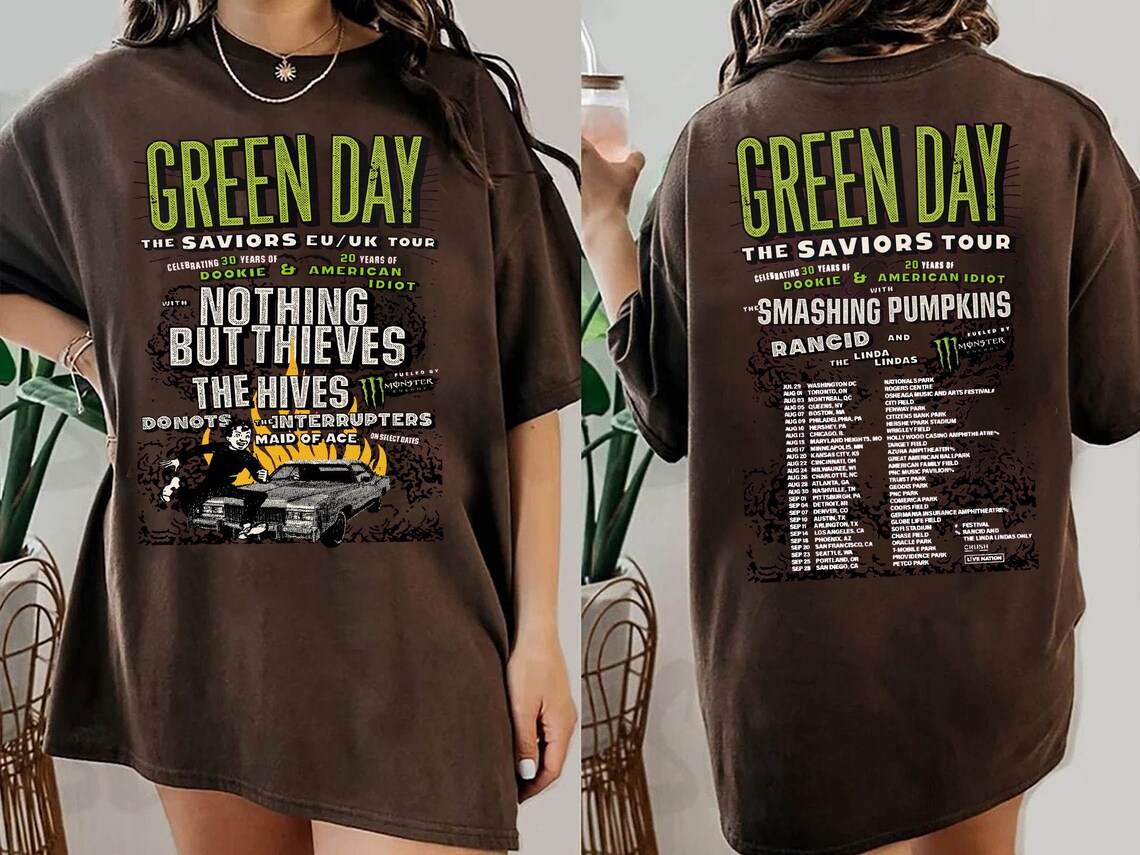 2024 Green Day The Saviors Tour Dates 2 Sides T-Shirt, Green Day Band 2024 Tour Shirts, Green Day 2024 Concert Shirt, Green Day Fan Gift Unisex Merch