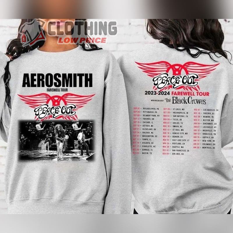 Aerosmith 2023 - 2024 Peace Out Farewell Tour The Black Crowes Sweatshirt, Aerosmith Farewell Tour Dates T- Shirt, Aerosmith Farewell Tour Setlist Merch