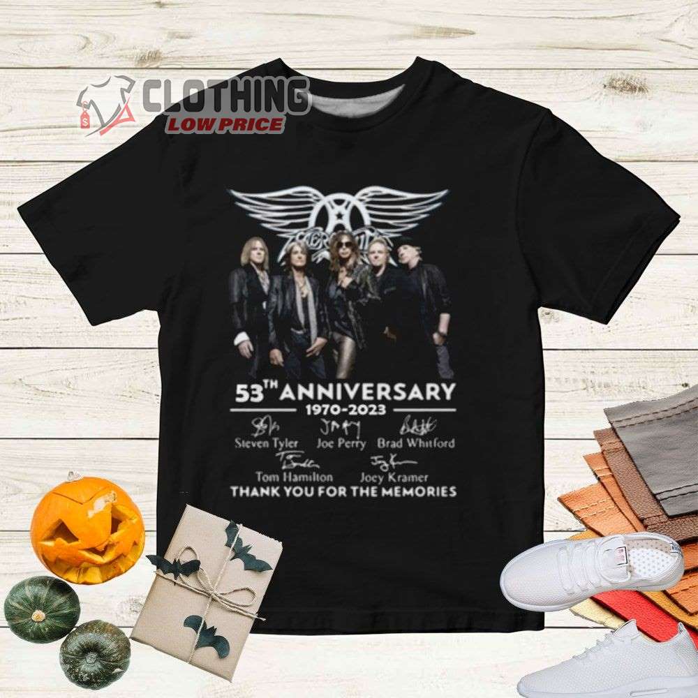 Aerosmith Tour 2023 Las Vegas Tickets Merch, Aerosmith Band Shirt, Aerosmith Aerosmith 53Th Anniversary 1970-2023 Signatures T-Shirt