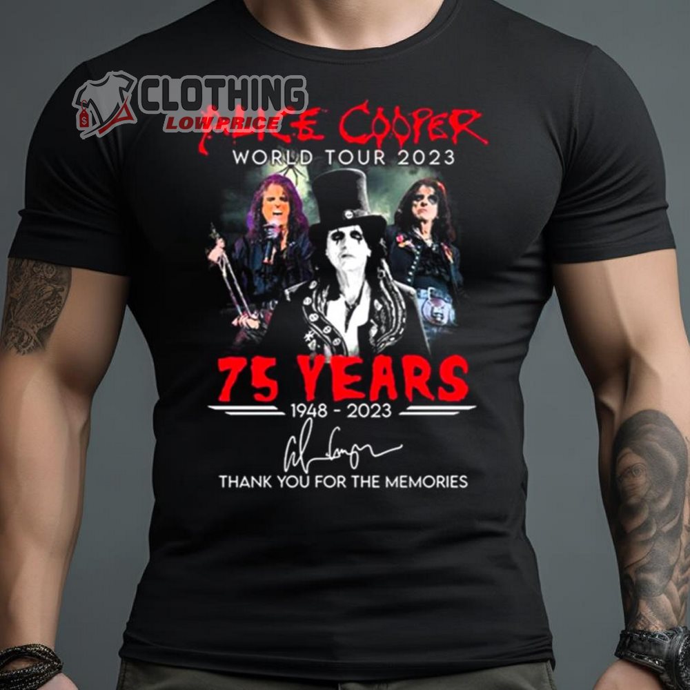 Alice Cooper World Tour 2023 Merch, Alice Cooper 75 Years 1948-2023 Thank You For The Memories Signature T-shirt