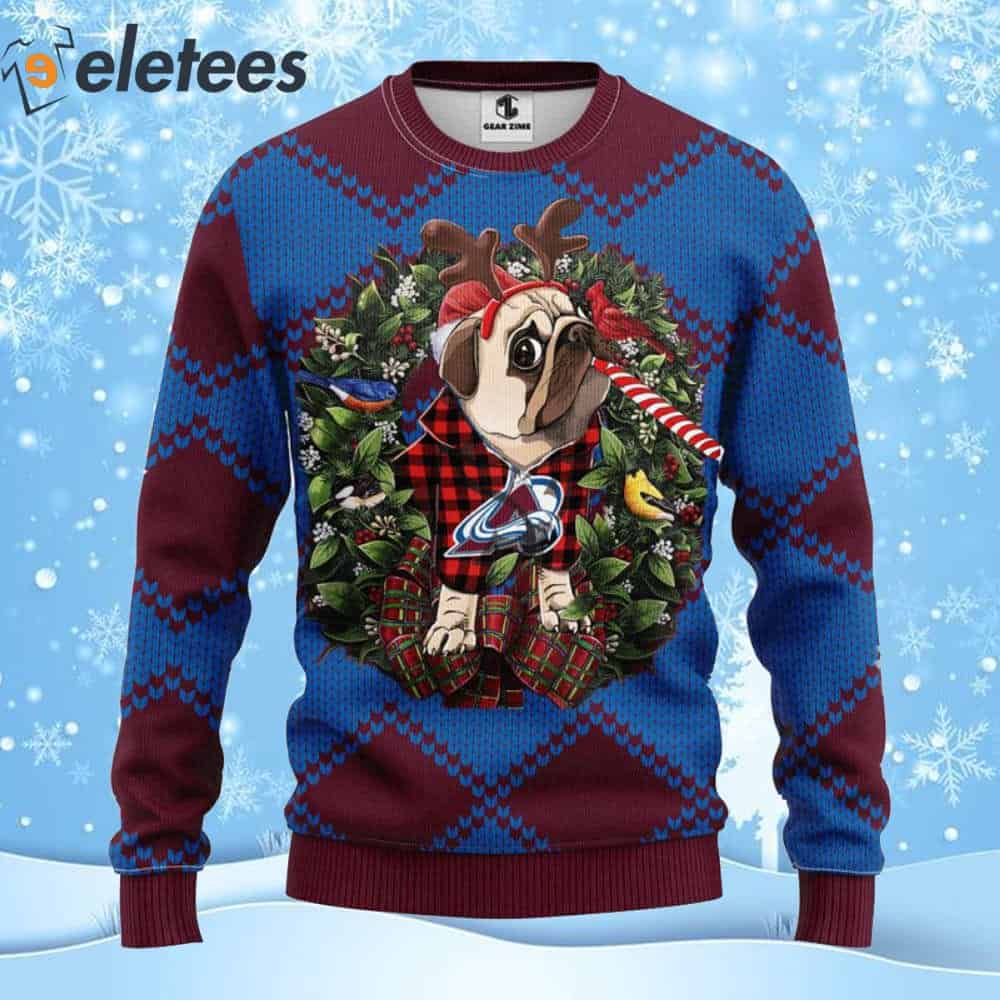 Avalanche Hockey Pug Dog Ugly Christmas Sweater