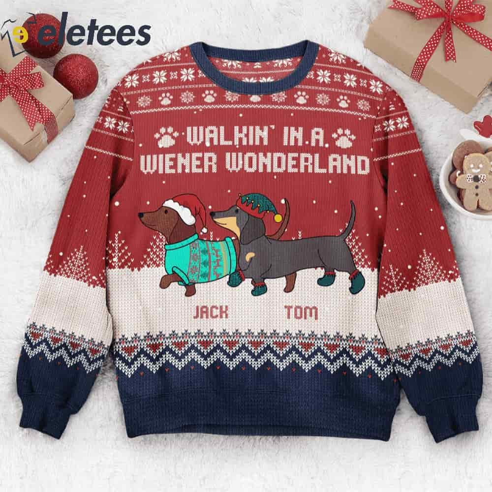 Walkin' In A Wiener Wonderland Custom Name Ugly Christmas Sweater