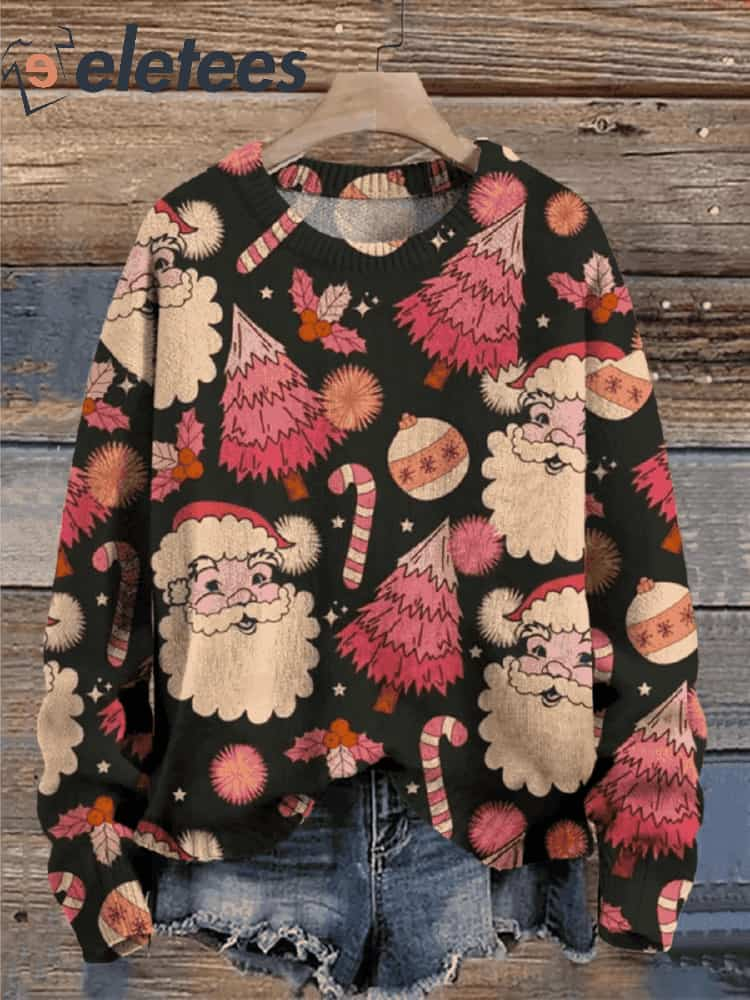 Women's Christmas Cute Santa Print Knit Pullover Sweater